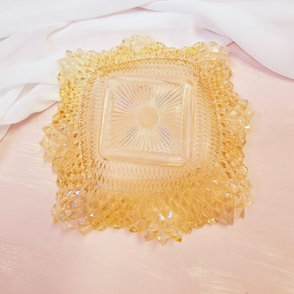 Peach Diamond Point Carnival Glass Ruffled Edge Candy Dish, Indiana Glass - Picture 6 of 8